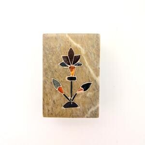 Vtg Beige Soapstone Marble Lidded Trinket Box Floral Inlay Rectangle India